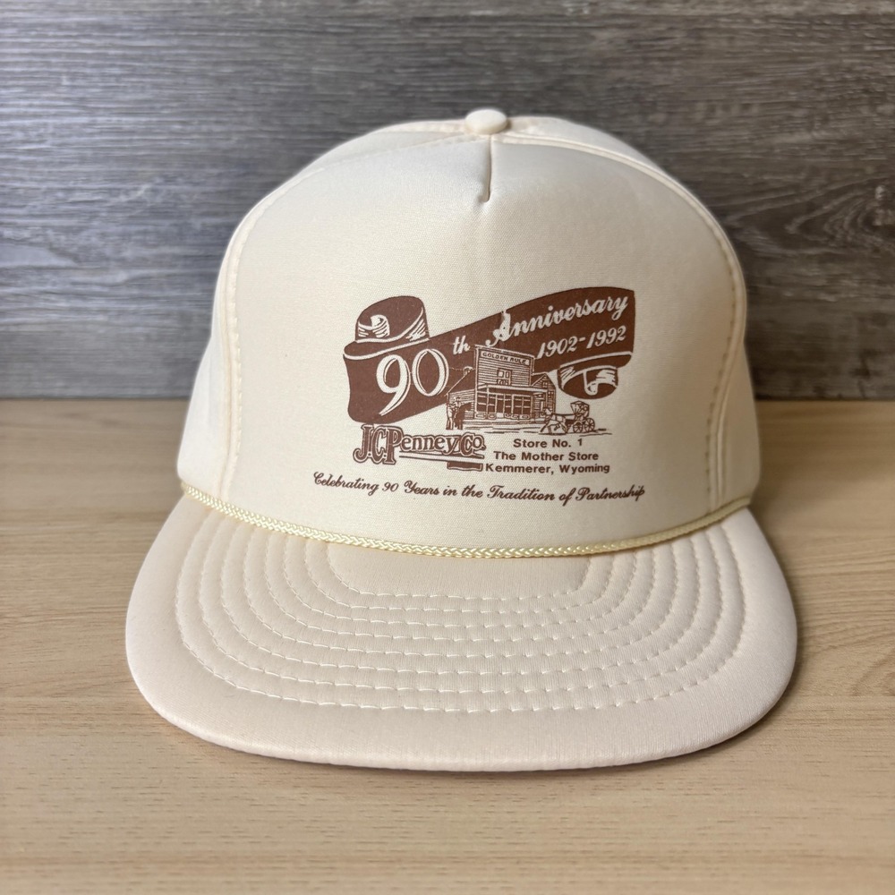 Vintage JC Penney Hat Cap Snap Back White 90th Anniversary Store Mother Mens 90s
